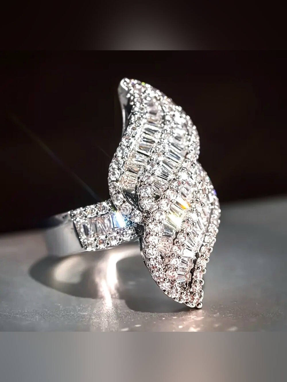 Sparkling Silver White Crystal Statement Ring - Women Jewelry